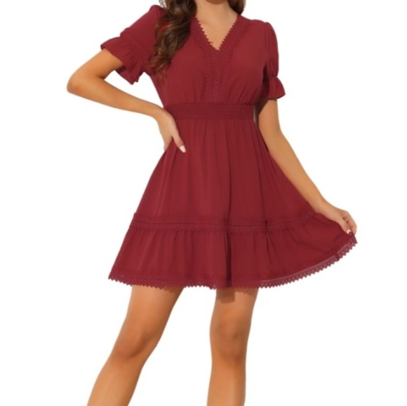 NWT Allegra K V-Neck Smocked Elastic Waist Boho Crochet Lace Trim Mini Dress - Picture 2 of 10